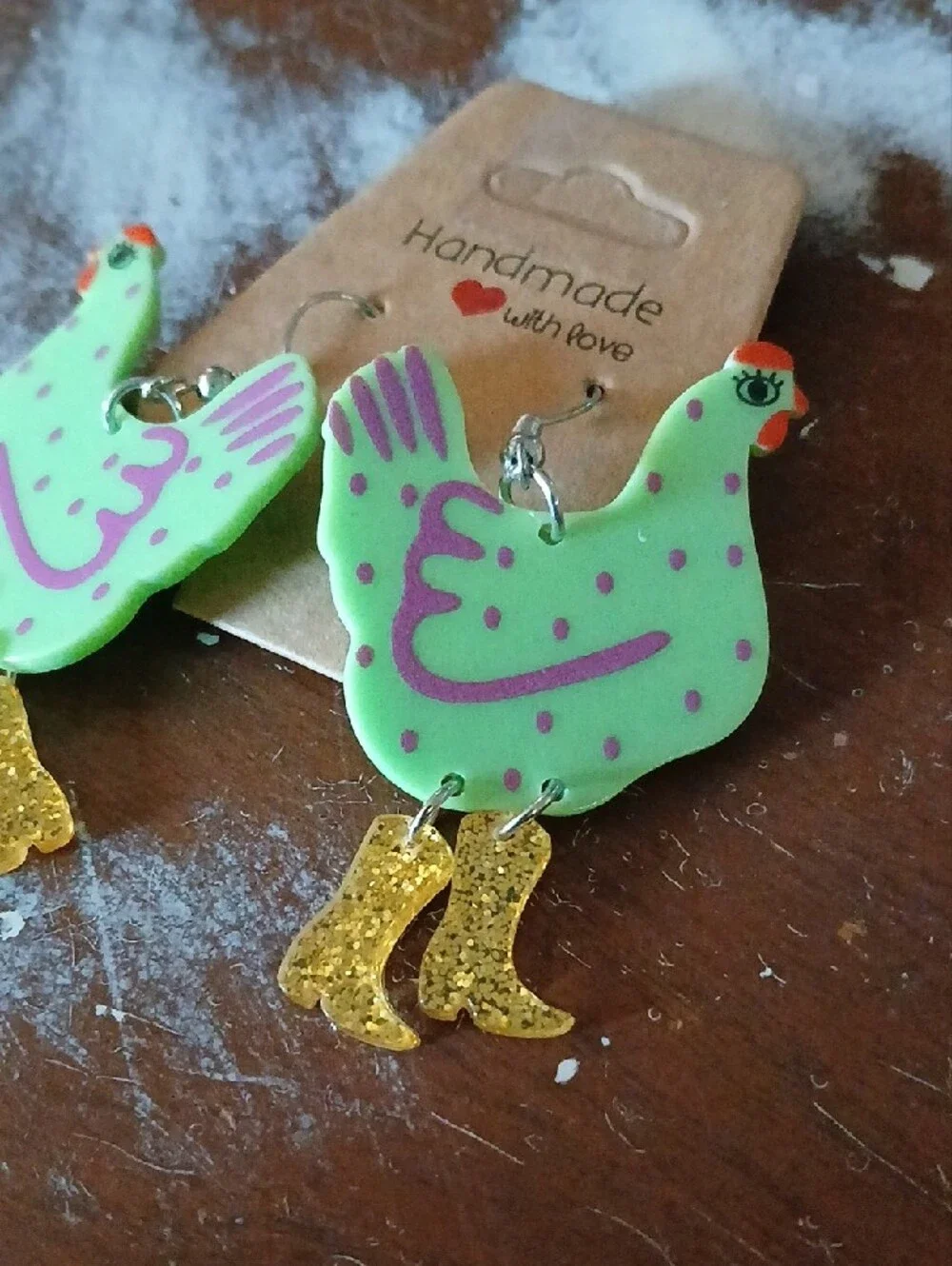 Green Chicken Dangle Earrings in Gold Boots CUTE & UNIQUE! NWT on Card!